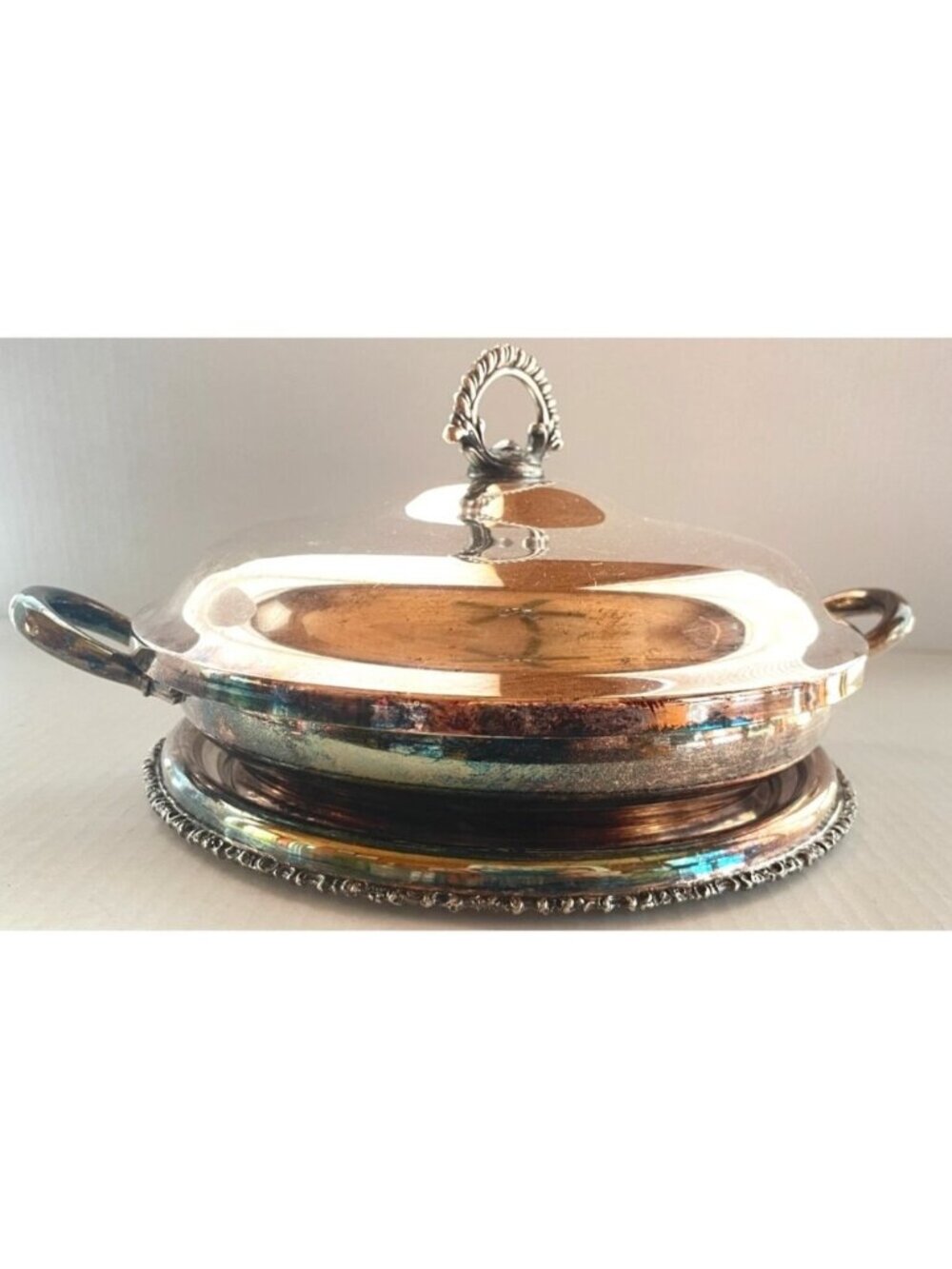 Antique Simpson Hall Miller 3pc Silverplate Dish w/ Lid & Base, Patina